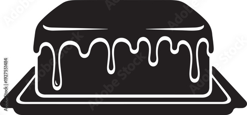 Black and white vector graphic of a rectangular cake or dessert with flowing frosting and drips on a serving plate. , Generative Ai