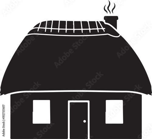 Charming thatched cottage silhouette with smoking chimney, rustic countryside home illustration. , Generative Ai