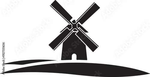 Iconic windmill silhouette on rolling hills, representing agriculture, wind power, and rural landscape. , Generative Ai