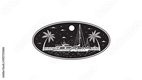 A serene black and white illustration of a sailboat anchored near a tropical island at night, with a full moon shining brightly in the sky.