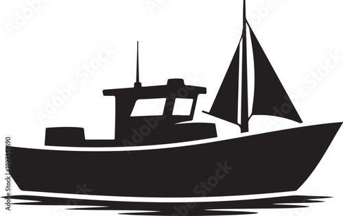 Sturdy fishing boat silhouette sailing on water, representing maritime, seafood industry, and ocean travel. , Generative Ai