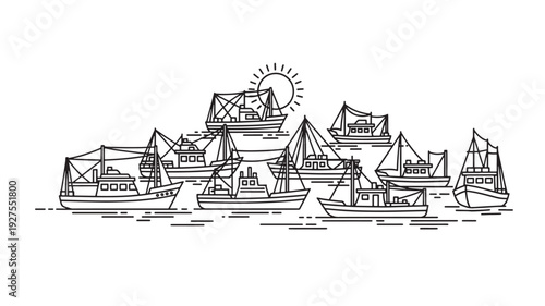 A serene illustration of multiple fishing boats on the water under a bright sun, evoking a sense of peacefulness and tranquility.