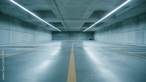 Clean concrete structure of an empty parking facility featuring linear lighting, a yellow dividing line, and white parking spots, conveying a sense of urban infrastructure and space