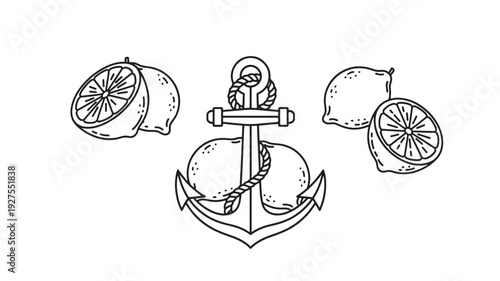 A black and white illustration of an anchor surrounded by lemons and limes, conveying a sense of nautical theme and freshness.