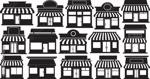 Various storefronts with awnings in black and white illustration