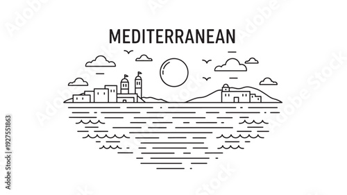 A serene line art illustration of a Mediterranean coastal town with buildings, lighthouse, and mountains, set against a sunny sky with clouds and birds over calm sea waves.
