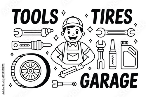 Tools icon set with a cartoon mechanic in a garage