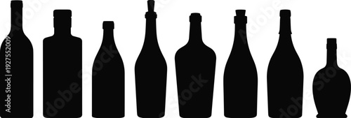 Assorted wine and liquor bottle silhouettes collection, alcohol beverage containers black vector illustration isolated on white background set