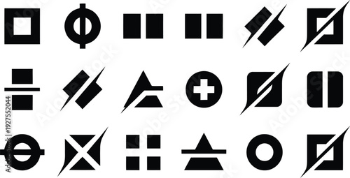 Black and white web icon set featuring arrows, mail, music, download, chart, hand, and business symbols in simple line vector style