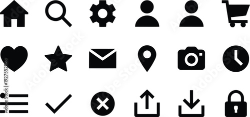 Set of black vector web icons with arrows, camera, star, speech bubble, and cross symbols in circle and square shapes