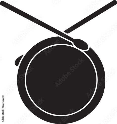 Top view silhouette of a snare drum with crossed drumsticks, representing drumming, music creation, and rhythmic beats. , Generative Ai