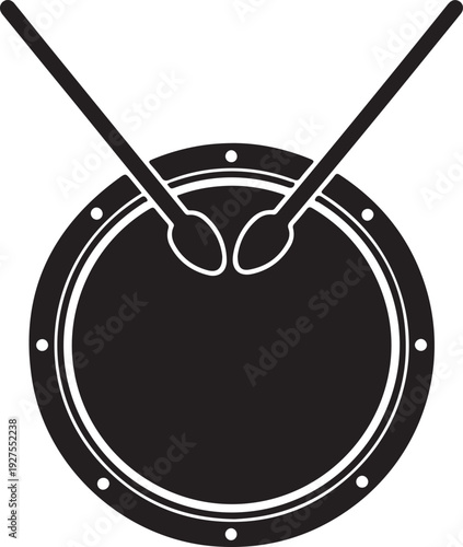 Minimalist silhouette of a drum and drumsticks crossed, symbolizing music, rhythm, and a rock band performance. , Generative Ai