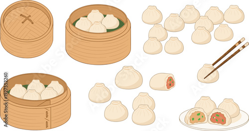 Steamed Bao Dumplings Vector Illustration with Bamboo Steamer Basket, Chopsticks, and Traditional Asian Food Set