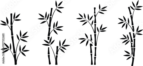 Bamboo silhouette collection set, black bamboo stems and leaves isolated on white background for nature, Asian botanical design