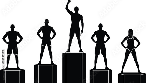 Athletes on winners podium, sports competition silhouette illustration with champion celebration and fitness achievement concept design