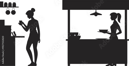 Barista and waitress silhouettes set, woman making coffee and serving food black vector illustration isolated on white background