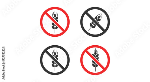 Collection of four distinct vector graphic illustrations representing gluten free wheat avoidance symbols