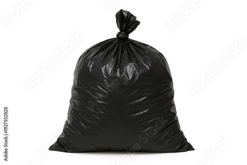 A black garbage bag on a white background.