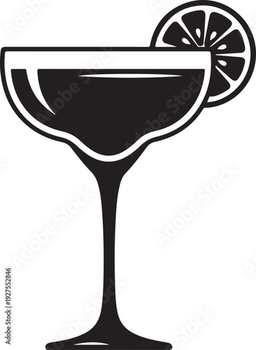 Stylized black silhouette of a margarita cocktail in a classic coupe glass with a fresh lime slice , Generative Ai