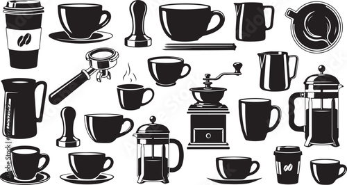 Coffee and Tea Accessories Icon Set in Black White