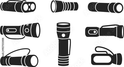 Black flashlight silhouettes collection, vector torch icons set isolated on white background, emergency camping equipment illustration