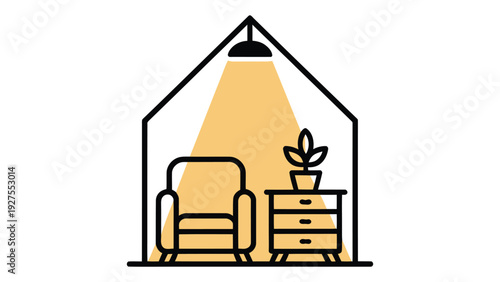 Cozy living room interior with a small potted plant and a warm lighting effect.