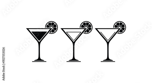 Three vector martini glasses with citrus garnish showcasing full, half and empty drinks illustration design.