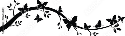 Butterfly silhouette on tree branch, decorative nature illustration with flying butterflies and leaves design