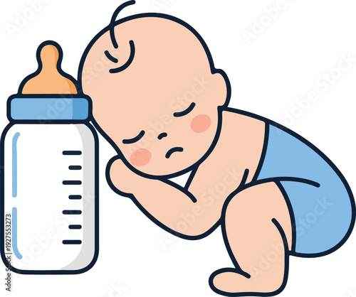 Sleeping Baby Boy Blue Diaper Next To Milk Bottle Flat Design Isolated