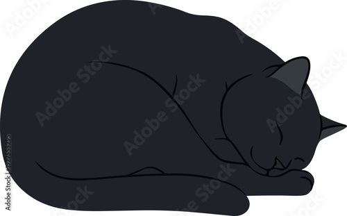 Sleeping Black Cat Curled Up In A Ball Simple Flat Vector