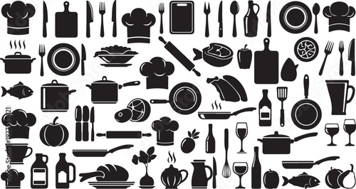 Black and white kitchen utensils and food icons pattern