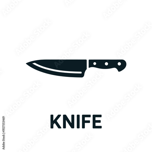 A simple black silhouette of a kitchen knife with text below