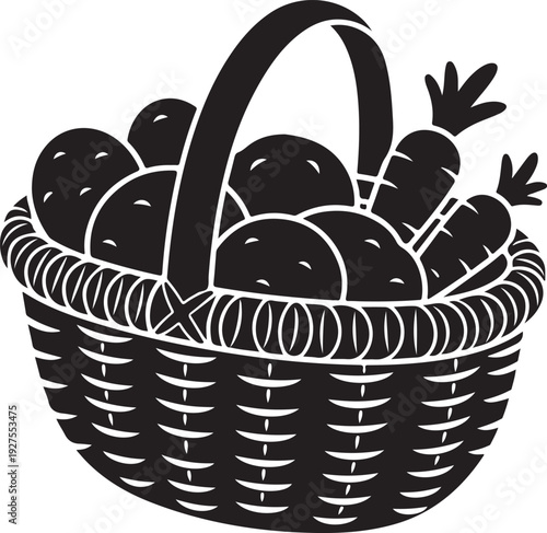 Detailed Black Silhouette Vector Illustration of a Wicker Basket Filled with a Bountiful Harvest of Fresh Vegetables, Representing Farm-to-Table Goodness , Generative Ai