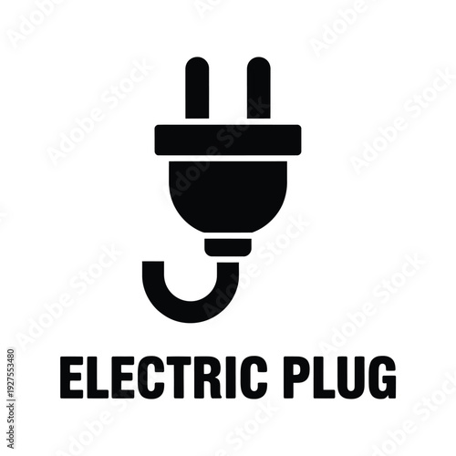 Simple black and white illustration of an electric plug with text