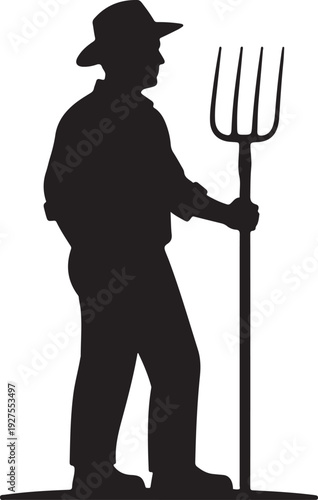 Black Silhouette Vector Illustration of a Traditional Farmer Wearing a Hat and Holding a Pitchfork, Representing Agriculture and Rural Work , Generative Ai