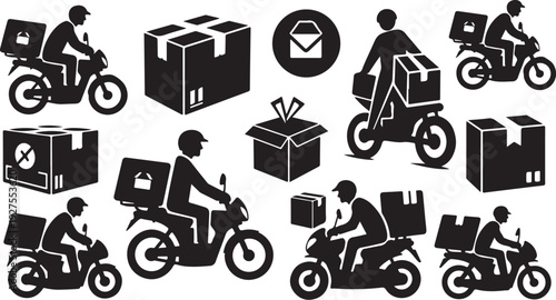 Delivery Services with Motorcycles and Packages Icon Set
