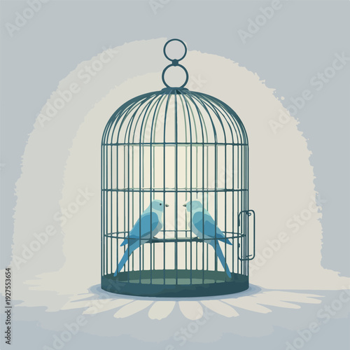 Two Blue Budgies Inside Ornate Birdcage Soft Light