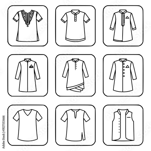 Kurta Thin Outline Icon Set Traditional Men Ethnic Clothing Vector Line Art Collection