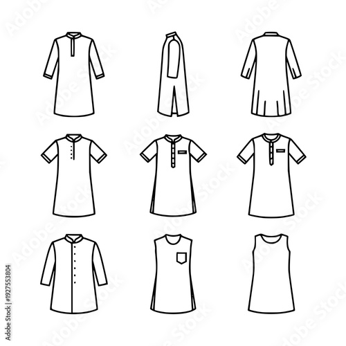 Kurta Outline Icon Set Thin Line Traditional Ethnic Clothing Vector Collection Isolated on White