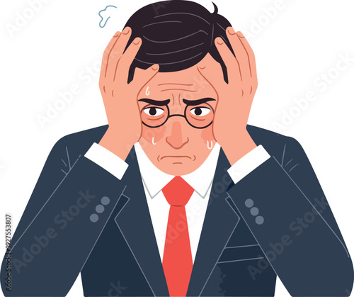 Stressed Businessman Holding Head In Hands Red Tie Dark Suit Minimalist Vector