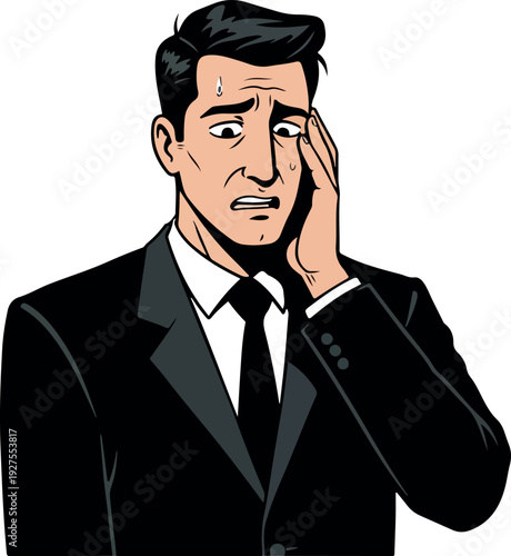Stressed Businessman in Black Suit White Shirt Tie Holding Head Worried