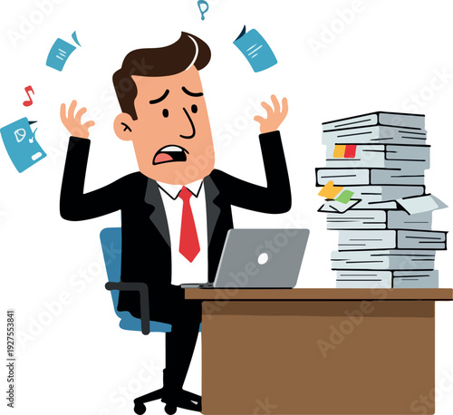 Stressed Businessman Juggling Papers and Overloaded with Work at Desk