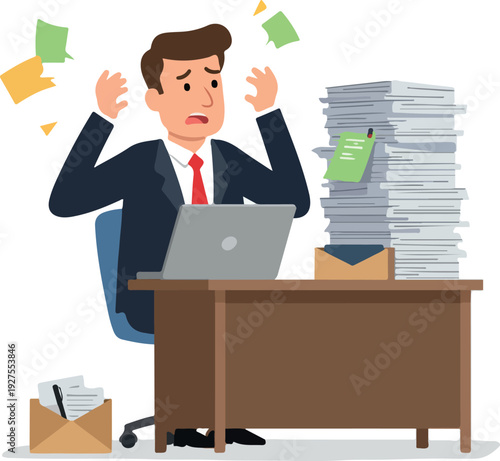 Stressed Businessman Overwhelmed By Paperwork At Desk With Laptop