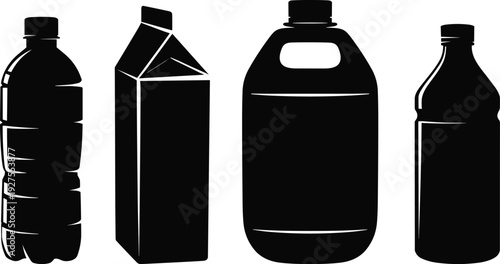 Beverage packaging silhouettes set, plastic bottle milk carton and juice container black vector illustration isolated on white background