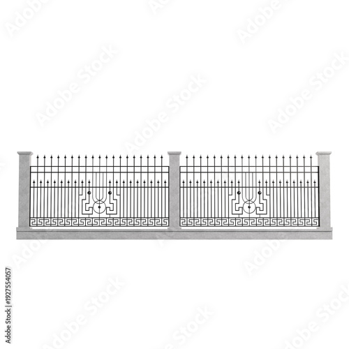 A white fence with a black design on it