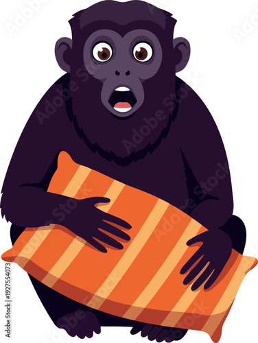 Surprised Dark Monkey Holding Orange Striped Pillow Flat Design Isolated