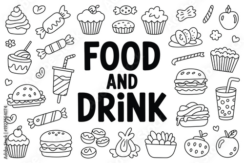 Food and drink vector illustration with various sweet and savory icons