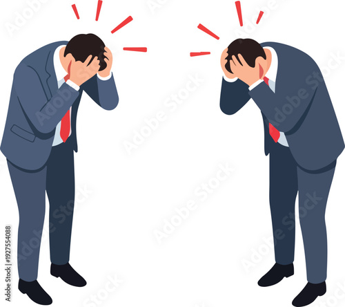 Two Men In Suits Holding Heads In Distress White Background Flat Design