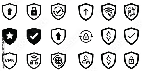 Set of security shield icons, security shields logotypes with check mark and padlock. Security shield symbols. Vector illustration.