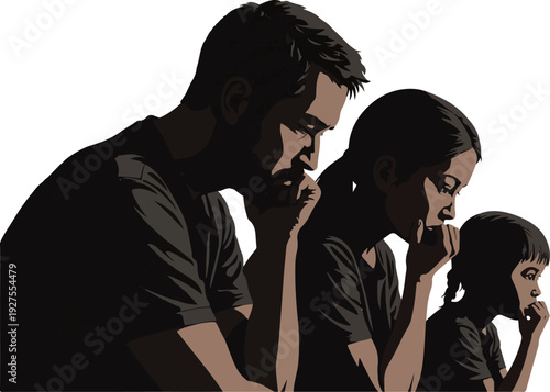 Three Family Members Thinking Deeply Casual Outfits Neutral Background